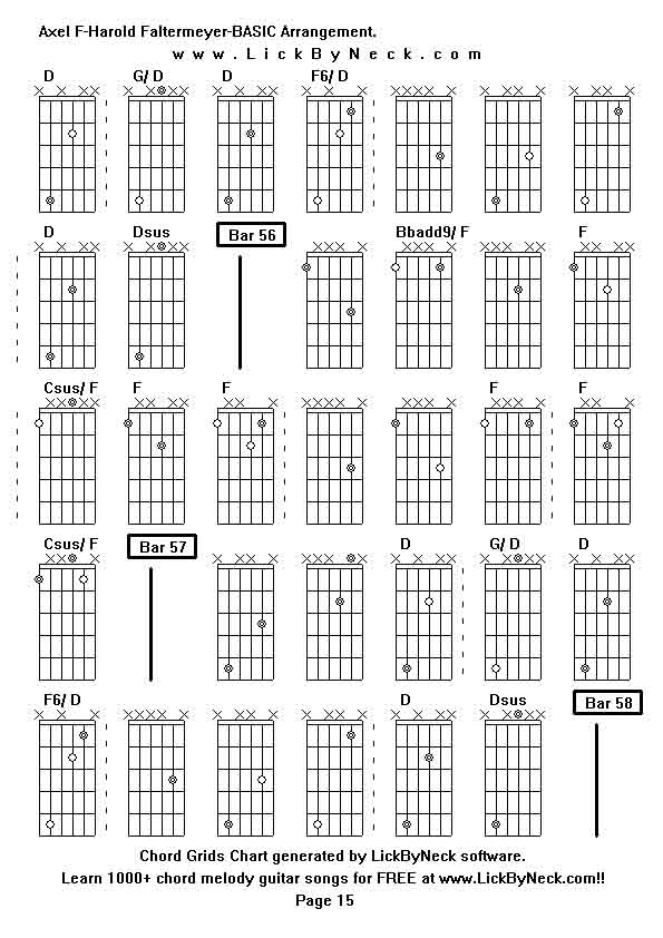 Chord Grids Chart of chord melody fingerstyle guitar song-Axel F-Harold Faltermeyer-BASIC Arrangement,generated by LickByNeck software.